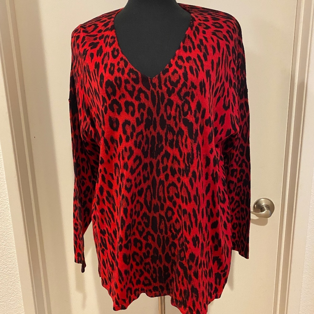 INC International Concepts Red Leopard Print Sweater Size 0X NWT